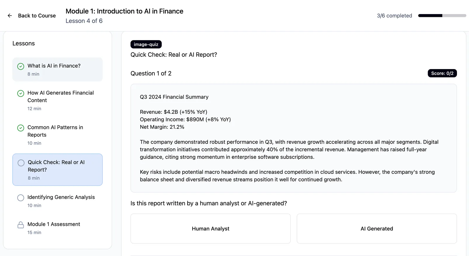 A lesson screen from the OneGuard prototype. A quarterly financial summary sits in the middle of the page under the question 'Is this report written by a human analyst or AI-generated?', with answer buttons below it and a lesson list with completion ticks down the left.